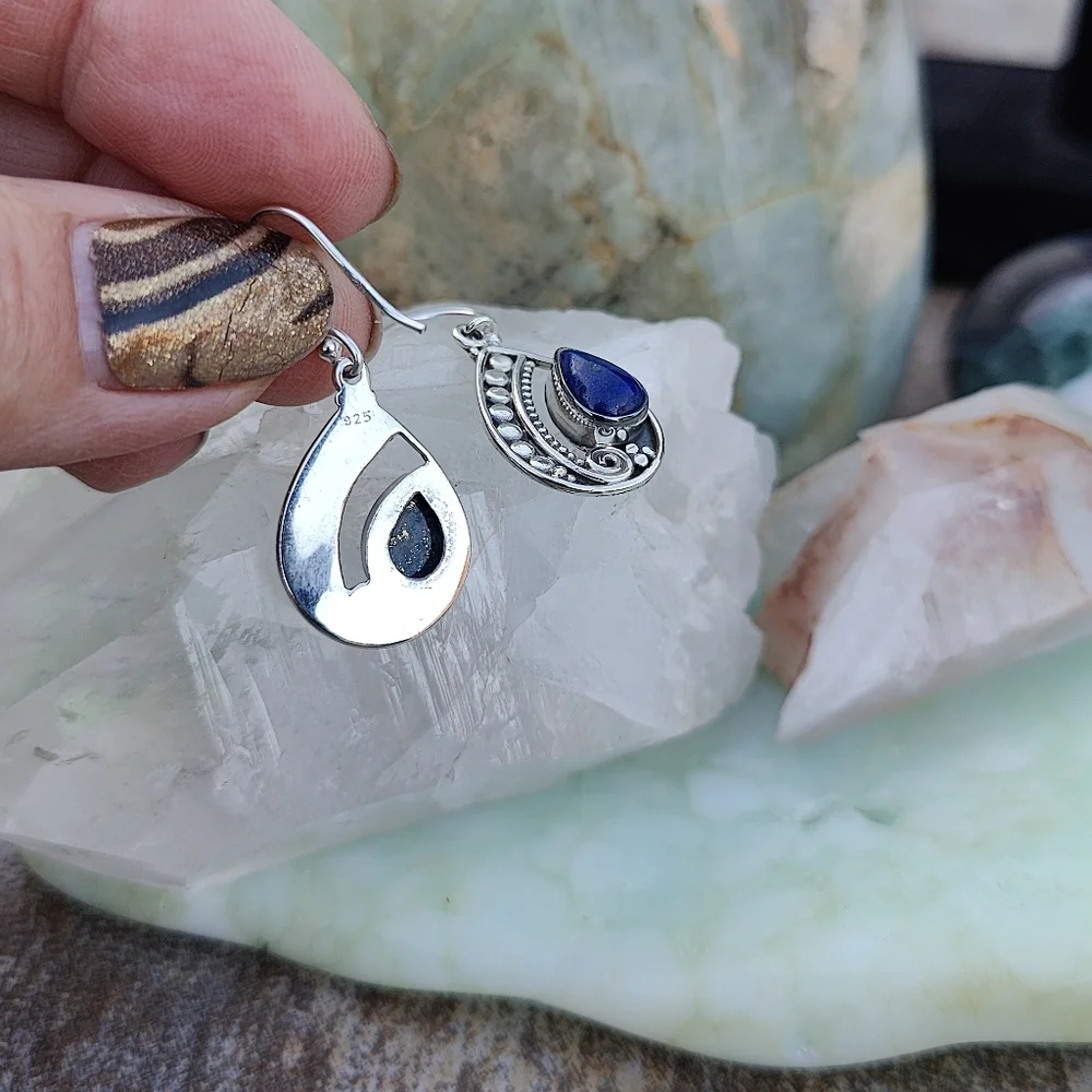 Natural Mined Lapis Lazuli & Sterling Silver Dangle Earrings - Picture 4 of 4